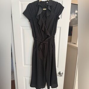 London Times Black Polka Dot Jumpsuit,Cropped Wide Leg,Ruffle Front,Size 12,Tie